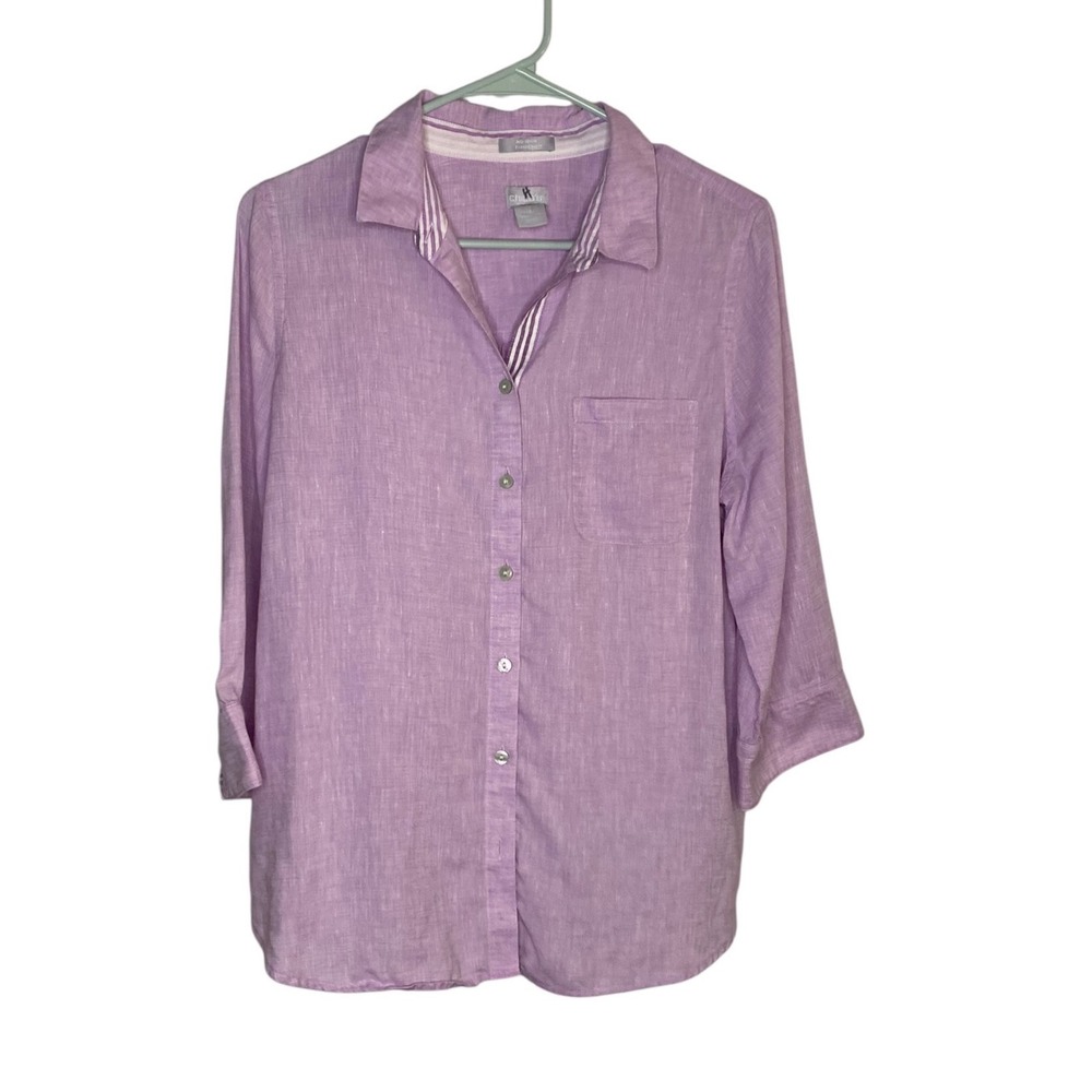 Chicos No-Iron FreshChic 100% Linen Button up Shirt Lavender Purple Size 1 8/10
